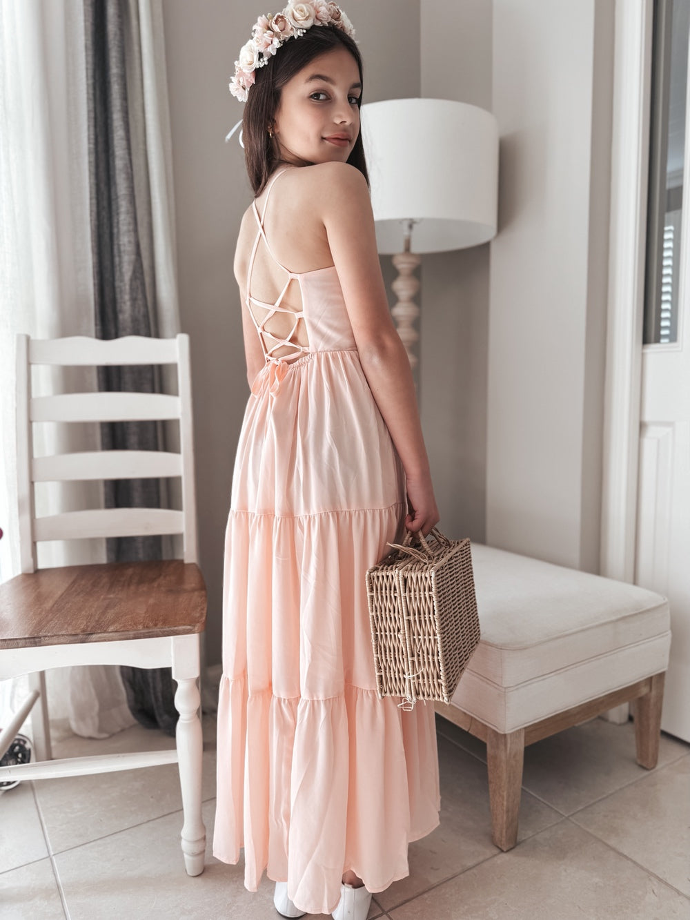 Clara Chiffon Mädchen Maxikleid Pfirsich