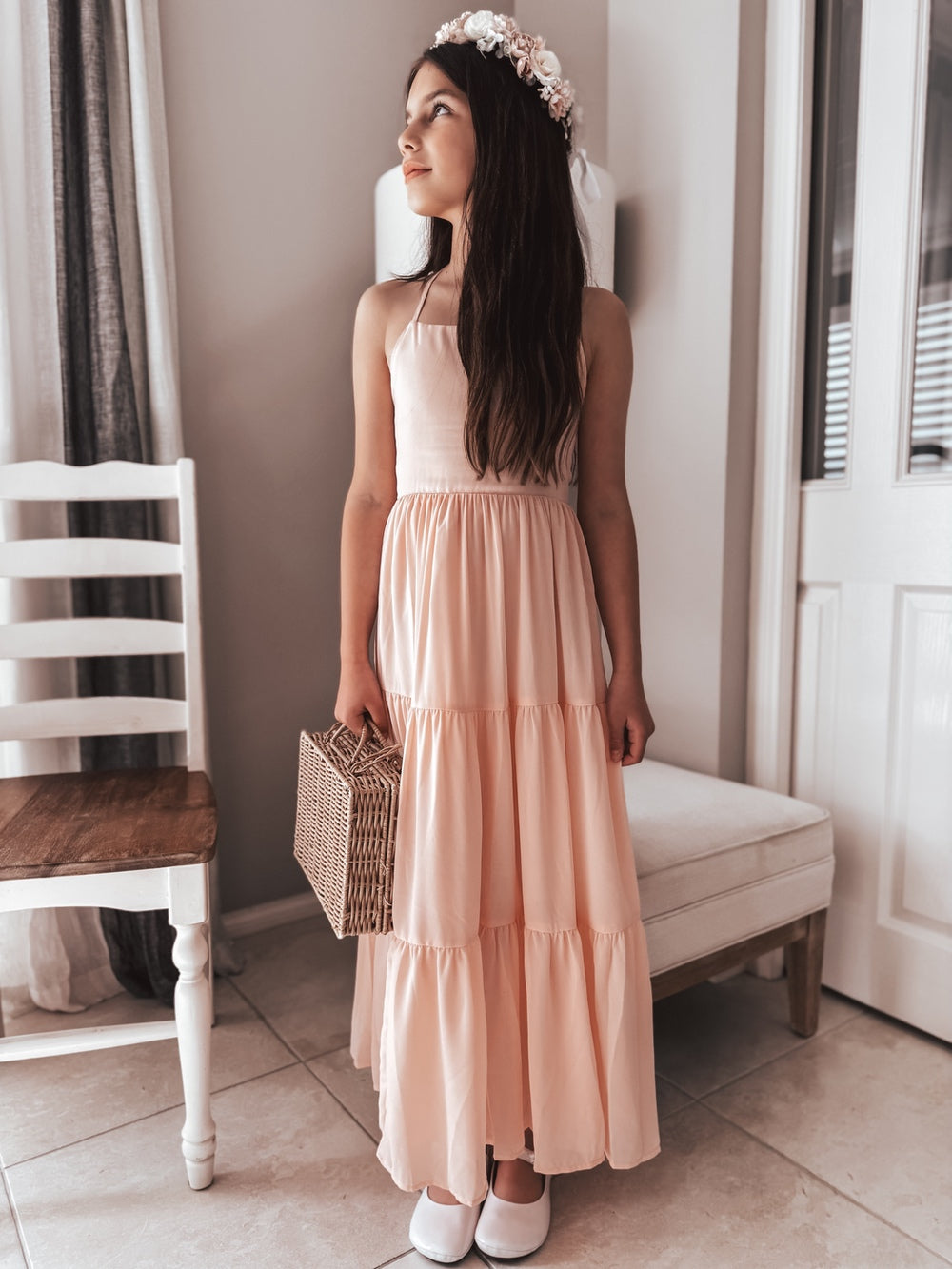 Clara Chiffon Mädchen Maxikleid Pfirsich