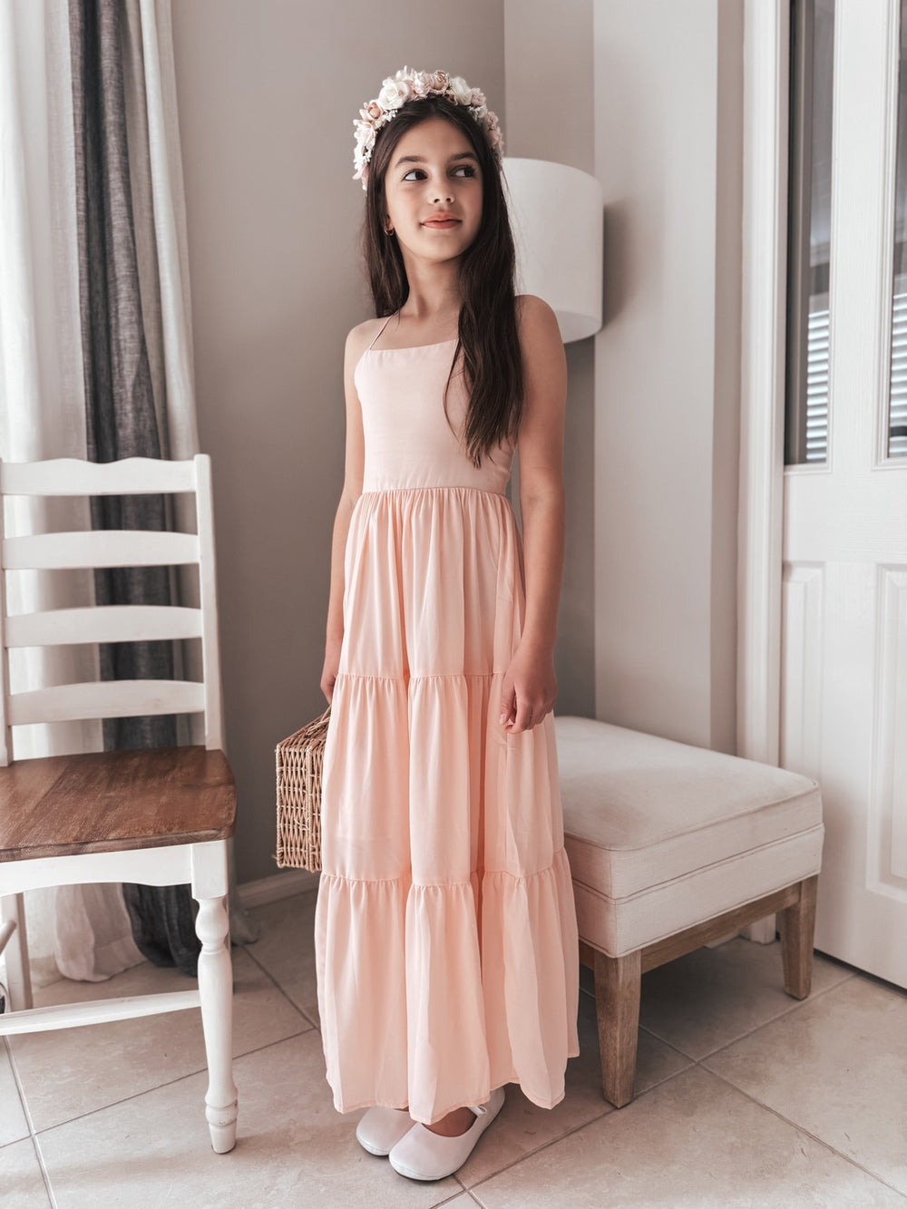 Clara Chiffon Mädchen Maxikleid Pfirsich