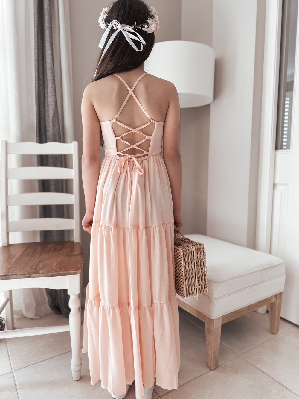 Clara Chiffon Mädchen Maxikleid Pfirsich