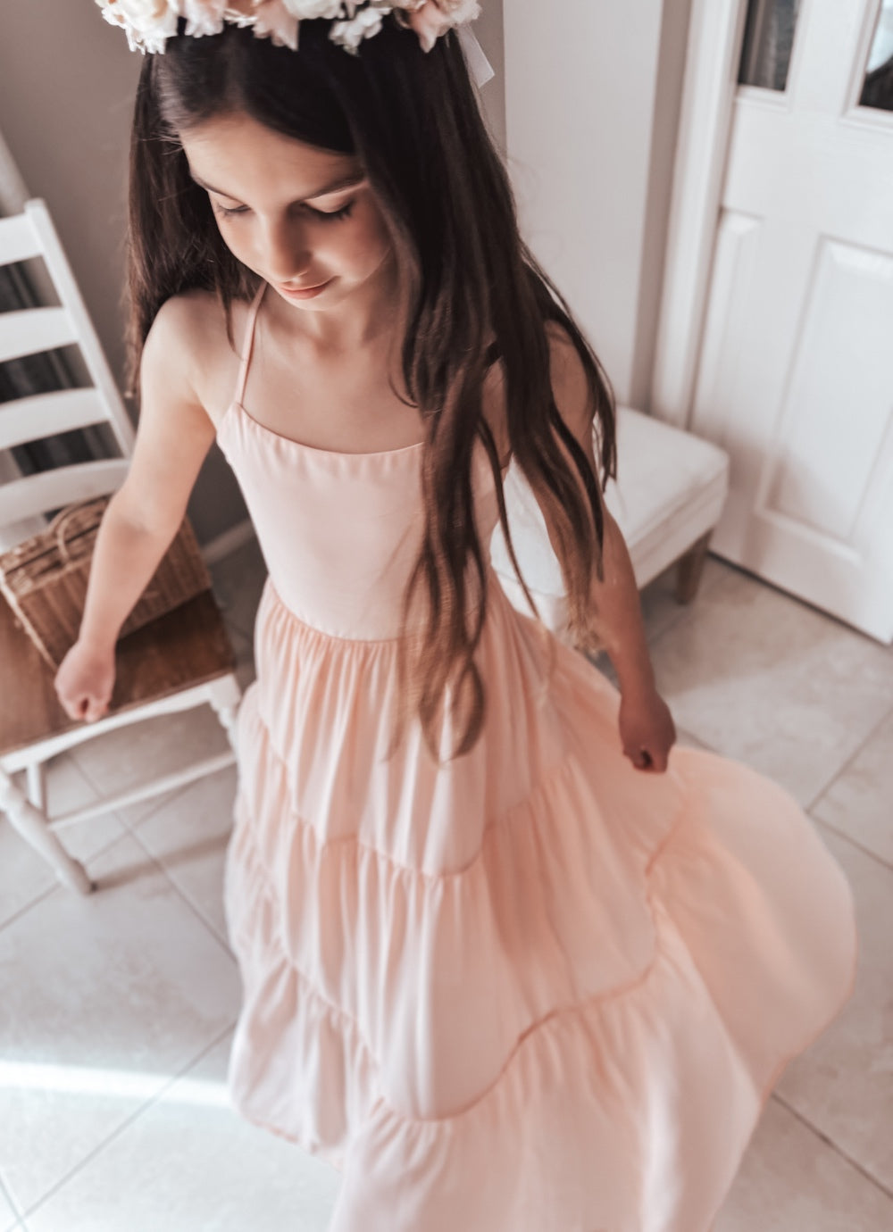 Clara Chiffon Mädchen Maxikleid Pfirsich