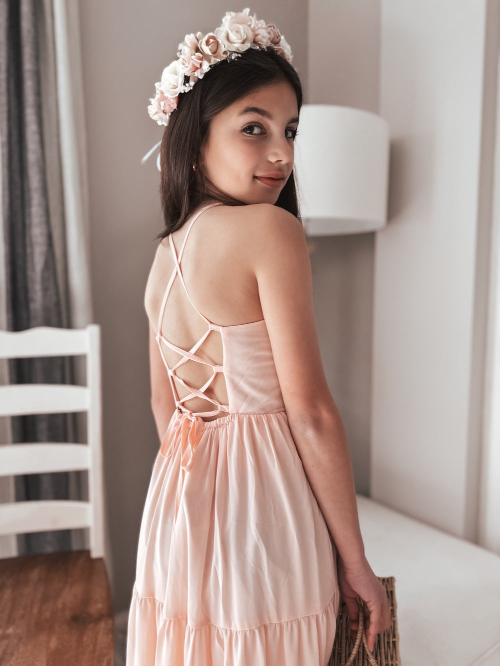 Clara Chiffon Mädchen Maxikleid Pfirsich