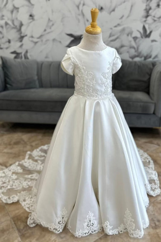 A-Linie Satin Stickerei Blumenmädchenkleid Schnürung am Rücken Sweep/Pinsel zug