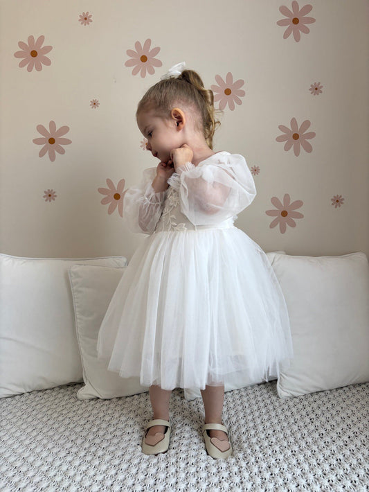 Alyssa Weißes Blumenmädchenkleid - Langarm