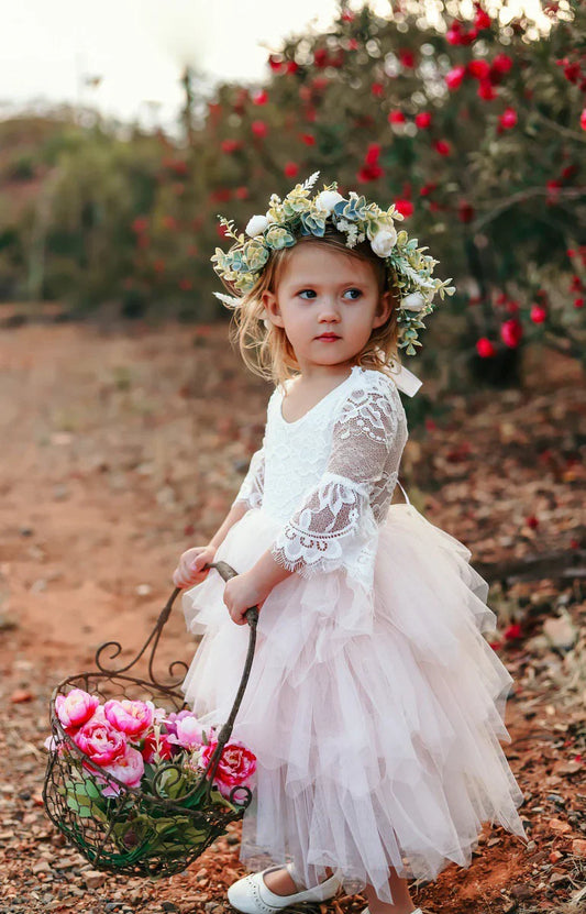 Aurora Grace Kleid mit Ärmeln - Weiß &amp; Pfirsich
